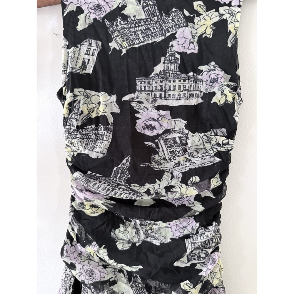 Floral Cityscape Y2K Mesh Fairy Goth Fit & Flare Dress Ruched Sz 8 Nine West - Picture 8 of 8